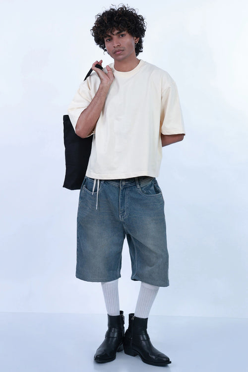 MoonOne Boxy Fit T-Shirt Beige - Front Pose | Oversized Unisex Tee India